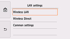 Schermata Impostazioni LAN: Selezionare LAN wireless